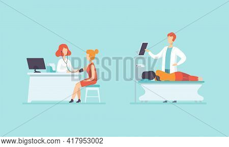 Medical Physical Health Checkup With Doctor Therapist Examinig Patient Vector Set