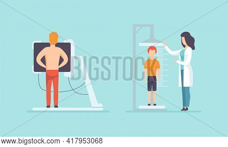 Medical Physical Health Checkup With Doctor Therapist Examinig Patient Vector Set
