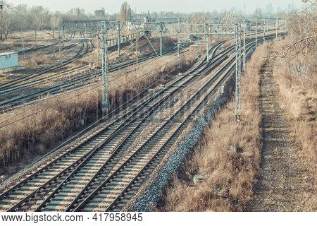 Railway And Industrial Area Of The City. Industrial Area Of The City With Rail And Multi-track Railw
