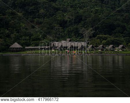Aerial Panorama View Of Amazon Tropical Rainforest Exotic Lush Jungle Eco Lodge Hotel Wooden Cabin S