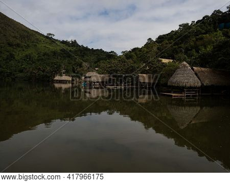 Aerial Panorama View Of Amazon Tropical Rainforest Exotic Lush Jungle Eco Lodge Hotel Wooden Cabin S