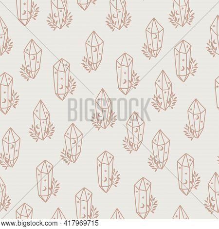 Magic And Celestial Seamless Pattern With Magical Crystal. Trendy Witchcraft Symbol On Beige Backgro