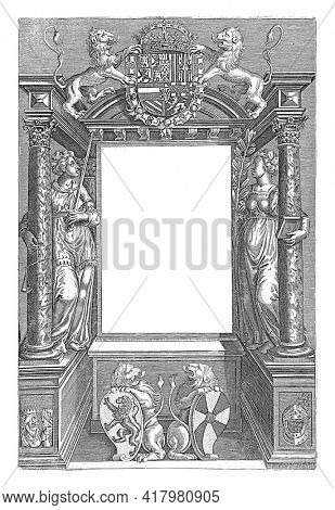 Altar with Justice on the left and Faith on the right. At the top two lions as shield bearers of a crowned coat of arms.