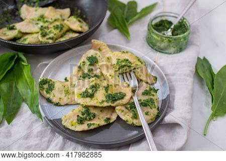 Pierogi Ruskie, Baked Dumplings Stuffed With Curd Cheese And Potatoes And Wild Garlic