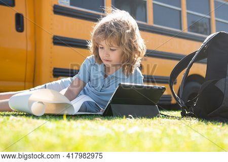 Pupil Learning, Kid Study Online With Video Call Teacher On Tablet. Outdoor Education Concept, Homes