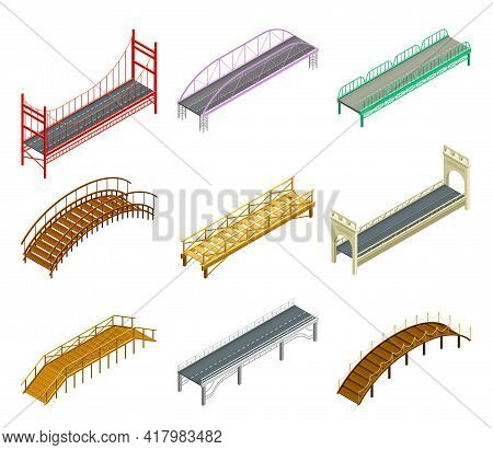 Fixed Bridges Made Of Wood Or Metal With Beam And Arch Bridge Isometric Vector Set