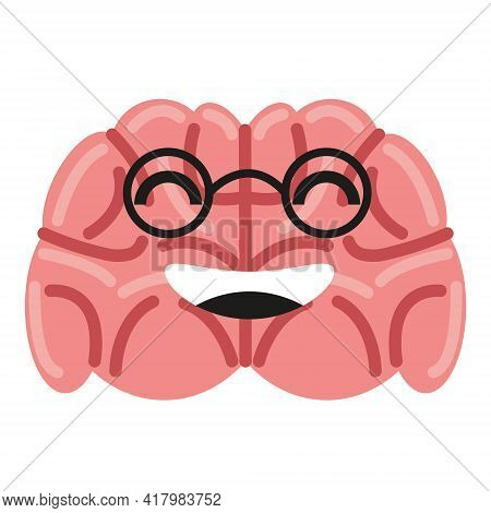 Brain With Glasses Smiling, Cute Positive Character . Vector Flat Cartoon Style Isolated