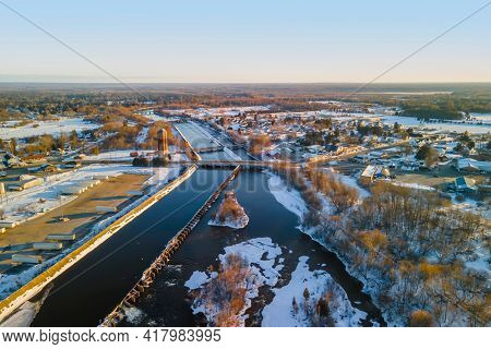 Manistique, MI, USA - Mar 5, 2021: Manistique city lies on the north shore of Lake Michigan at the mouth of the Manistique River. The city is named after the river.