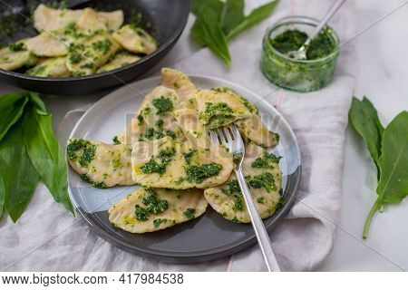 Pierogi Ruskie, Baked Dumplings Stuffed With Curd Cheese And Potatoes And Wild Garlic