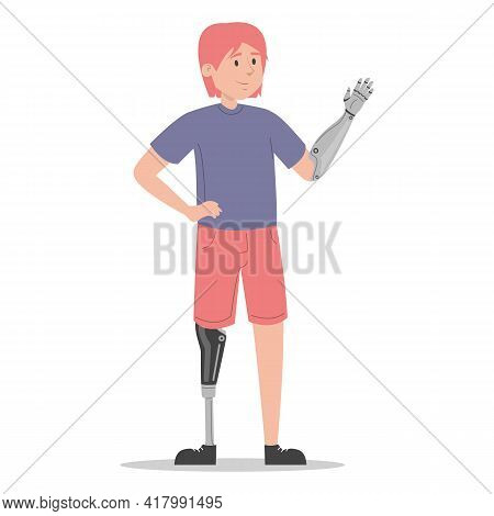 Happy young man with prosthetic leg and arm vector isolated. Illustration of young adult wearing a prosthesis. Handicapped person, male character with artificial limbs.