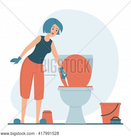 Woman Cleaning Dirty Toilet Vector Isolated. Hygiene