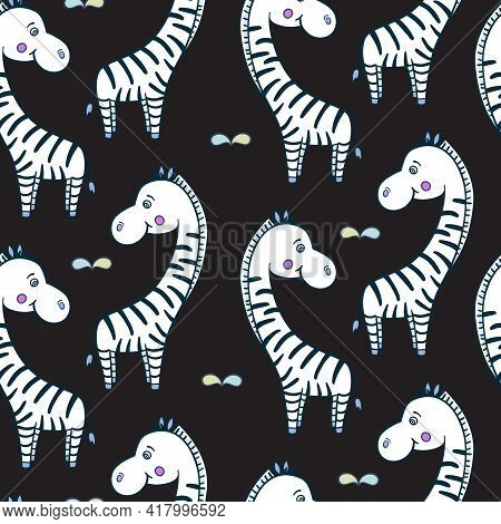 Zebra On Black Background.seamless Patternvector Illustration Of Funny Animals For Children.print Fo