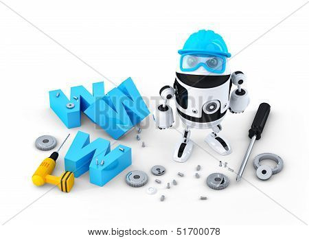 Robot With Www Sign. Website Building Or Repair Concept
