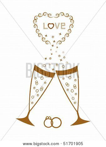 Golden wedding champagne glasses.Vector illustration