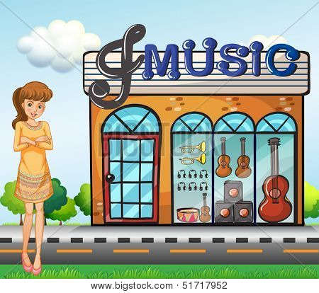 Illustration of a girl near the music shop