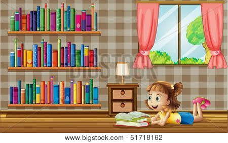 Illustration of a girl reading books near the window