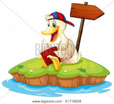 Illustration of a  duck reading beside the empty arrowboard on a white background