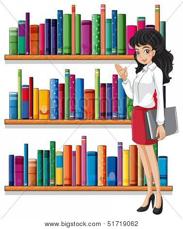 Illustration of a young woman in the library on a white background