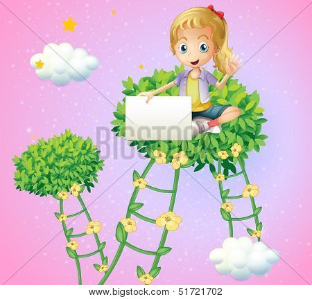 Illustration of a girl holding an empty signboard sitting at the top of a plant
