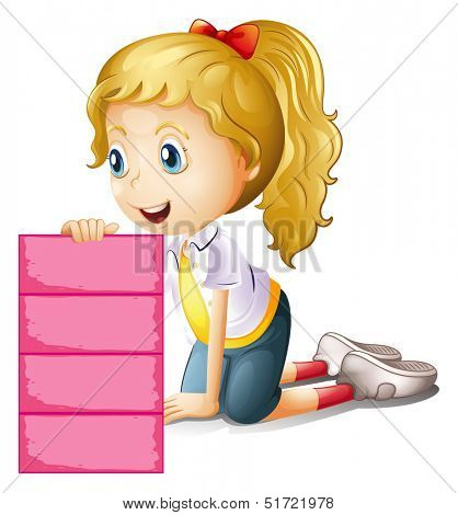 Illustration of a girl holding an empty pink signage on a white background