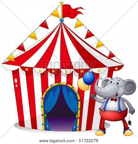 Illustration of an elephant in front of the tent at the carnival on a white background 