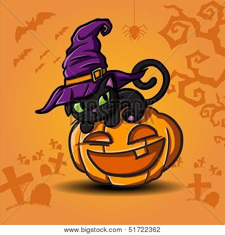 Halloween black cat wearing witches hat