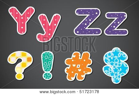 Illustration of the letters of the alphabet and the different symbols on a gray background