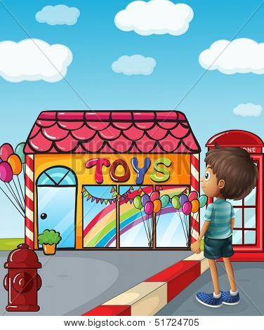 Illustration of a boy standing near the toy store