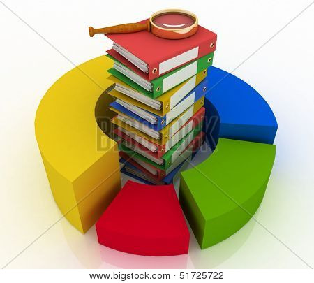 Pile of colorful office folders with metal rings and a magnifying glass in a circular multicoloured diagram. 3-D illustration isolated on white background.