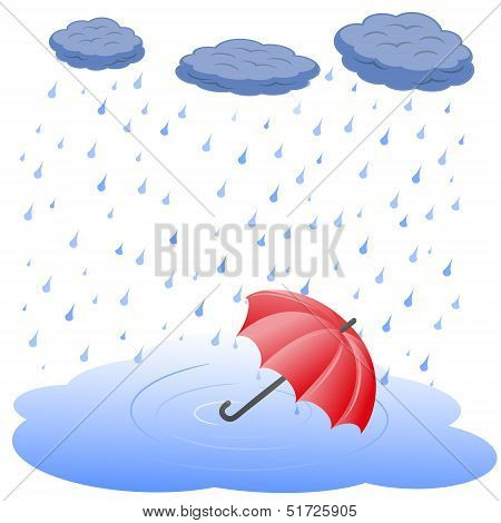 Umbrella in puddle in rain