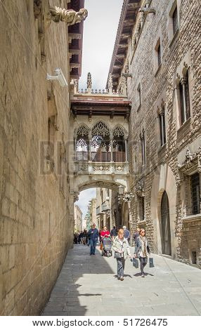 Gothic Bridge In Carrer Del Bisbe Street, In Barcelona, Spain
