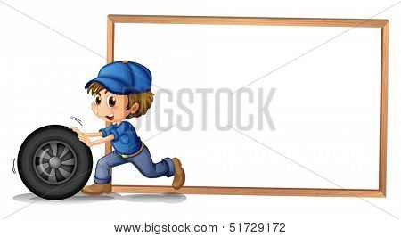 Illustration of a boy pushing a wheel with an empty blankboard at the back on a white background 