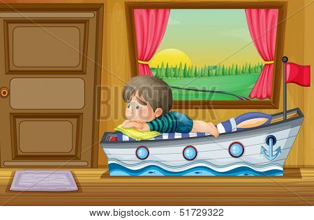Illustration of a sad little boy inside the house