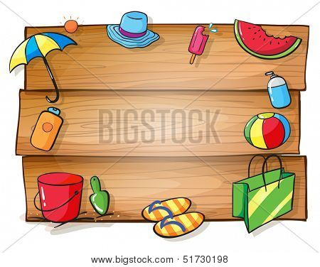 Illustration of a wooden signboard with the things needed for summer on a white background
