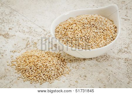 small ceramic bowl of  unhulled sesame seeds against a ceramic tile background with a copy space