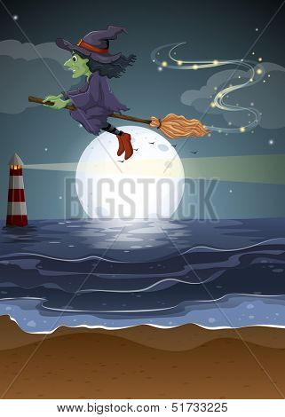 Illustration of a witch flying in the middle of the night