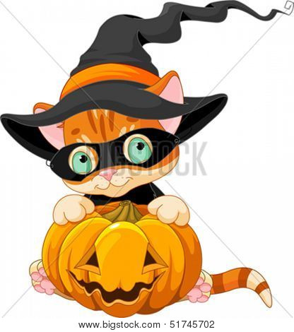 Halloween red tabby kitten with pumpkin