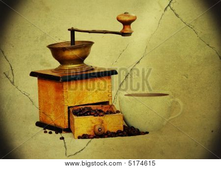 Molinillo de café y granos en estilo Grunge