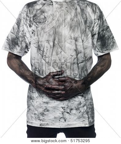 Very dirty man towards white background