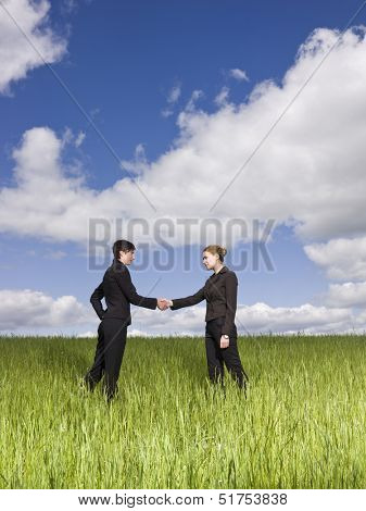 Two women standing in the grass shaking hands