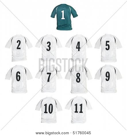 Football shirts formed as a team isolated on white background
