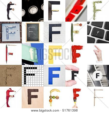 Collage with 25 images with letter F