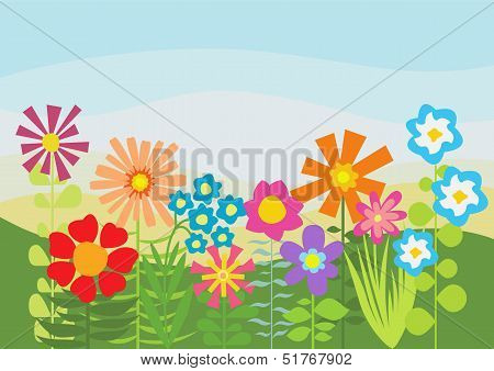 Green Field With Bright Multicolored Flowers