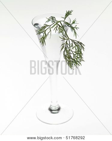Glass of aquavit with dill isolated on white background