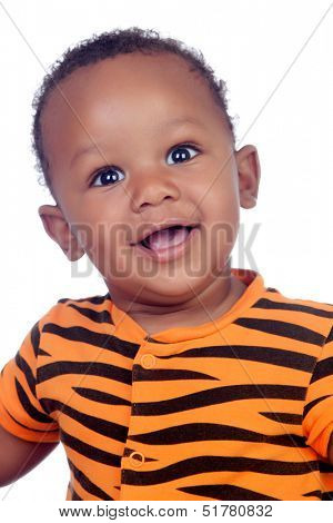 Adorable african baby with with brindle pajamas isolated on a white background