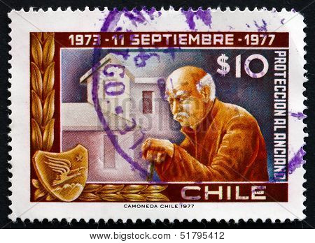 Postage Stamp Chile 1977 Old Man And Home