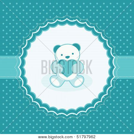 Greeting card with teddy bear for baby boy. Vector illustration.