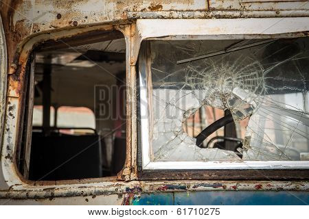Broken Front Window On Old Bus