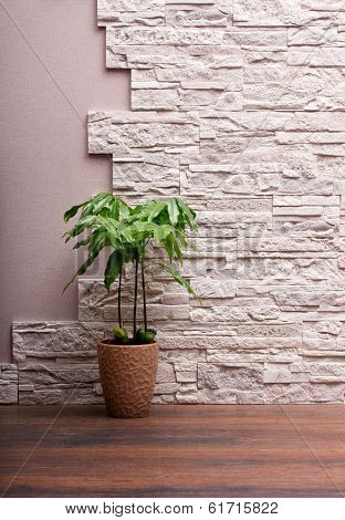 Room interior with stone wall, vinyl wallpaper and wood floor background.