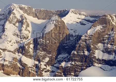 sunset view of the northern slopes of Tendenera Mountains in the Valley of Tena, Pyrenees, Huesca, Aragon, Spain